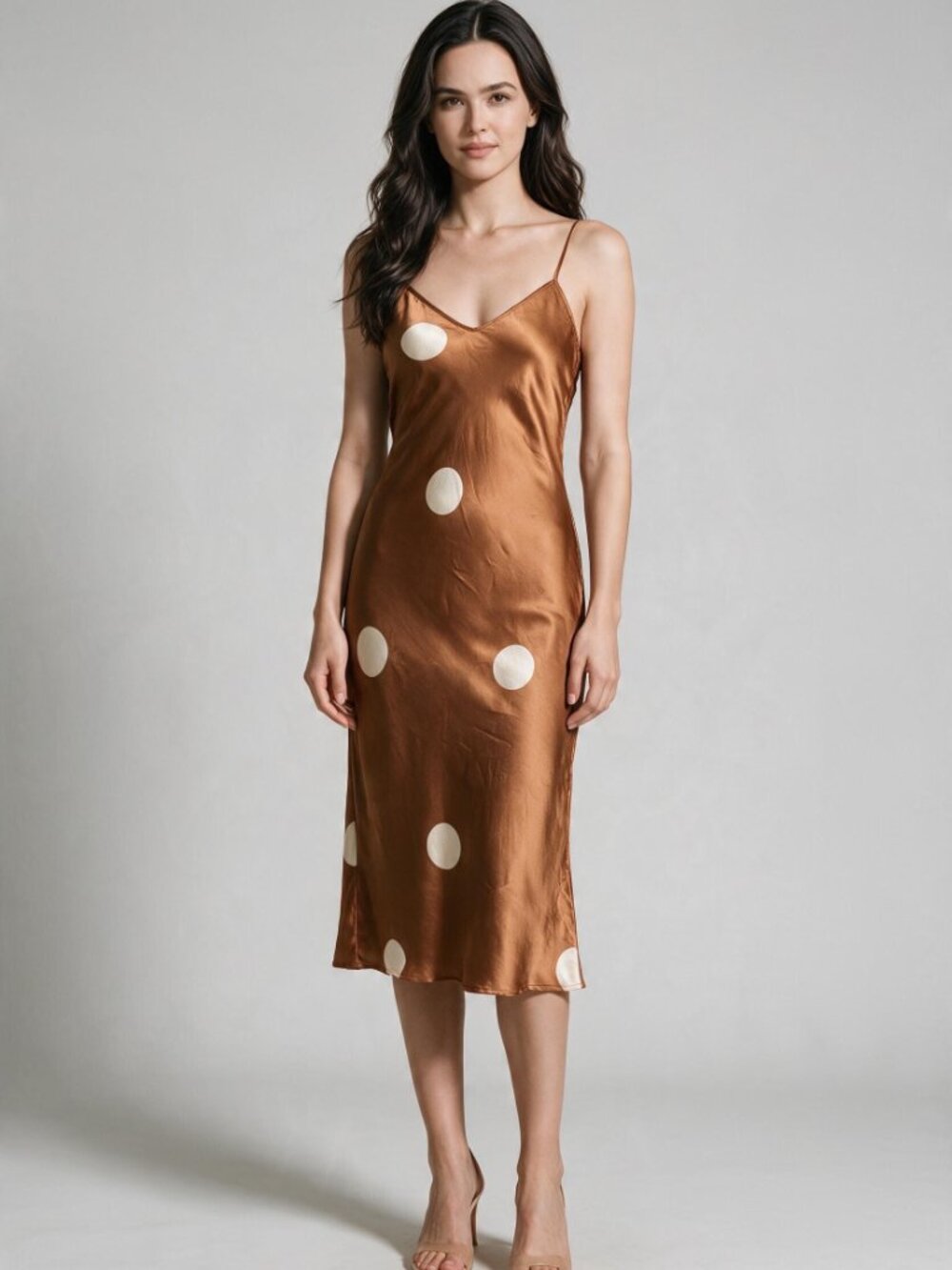 Silk Laundry 100% Silk Slip Dress S Copper Polka Dot Bias Cut Midi Y2K Coastal